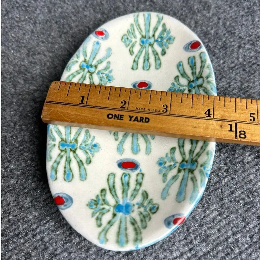 Anthropologie oval trinket dish soap dish Portugal 6.5” hand painted ikat design
